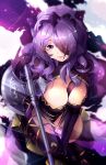  1girl armor axe battle_axe breasts camilla_(fire_emblem_if) cleavage fire_emblem fire_emblem_if gloves hair_over_one_eye heart heart-shaped_pupils highres holding holding_axe holding_weapon large_breasts long_hair looking_at_viewer purple purple_hair smile solo squadra symbol-shaped_pupils thigh-highs violet_eyes weapon 