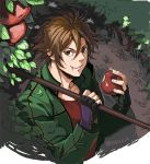  1boy apple brown_eyes brown_hair eating fingerless_gloves food fruit gloves jacket leaf looking_up male_focus otegine over_shoulder polearm solo soul_(tamashii) spear touken_ranbu tree twitter_username upper_body weapon weapon_over_shoulder 