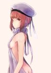  1girl ass auburn_hair bangs bare_back blunt_bangs breasts closed_mouth from_side highres kantai_collection koretsuki_aduma naked_sweater red_eyes ribbed_sweater short short_hair sideboob small_breasts solo standing sweater z3_max_schultz_(kantai_collection) 