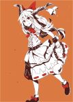  1girl absurdres belt bow chain fang gourd hair_bow highres horn_ribbon horns ibuki_suika long_hair orange_background red_eyes ribbon solo spot_color the_maa touhou very_long_hair 