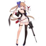  1girl battle_rifle black_legwear blonde_hair blue_eyes bow breasts choker cleavage dress fal_(girls_frontline) fn_fal girls_frontline gun hair_bow jacket knife kukri long_hair long_sleeves looking_at_viewer off_shoulder official_art open_mouth ribbon rifle side_ponytail single_thighhigh solo standing suisai. thigh-highs thigh_strap weapon 
