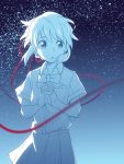  1girl bow gradient gradient_background hands_together highres keitomato kimi_no_na_wa looking_to_the_side miyamizu_mitsuha monochrome night night_sky red_ribbon ribbon school_uniform short_hair simple_background sky spot_color star_(sky) 
