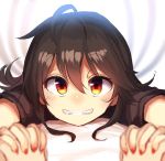  1girl black_dress black_hair blush dress fang grin holding_hands houjuu_nue interlocked_fingers looking_at_viewer lying nail_polish on_stomach orange_eyes peach_camellia pov_hands red_nails short_hair short_sleeves smile touhou 
