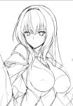  1girl armor breasts cape cleavage commentary_request covered_nipples fate/grand_order fate_(series) harukon_(halcon) large_breasts lineart long_hair looking_at_viewer monochrome scathach_(fate/grand_order) shoulder_armor sidelocks sketch smile solo upper_body white_background 