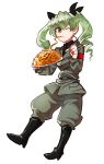  1girl anchovy belt black_boots black_shirt boots dress_shirt drill_hair eating food fork full_body girls_und_panzer green_hair grey_jacket grey_pants hair_ribbon holding knee_boots knife long_hair long_sleeves military military_uniform one_eye_closed oono_imo pants pasta plate red_eyes ribbon shirt shoulder_belt simple_background solo standing twin_drills twintails uniform white_background 