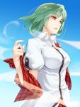  1girl ascot asu_tora breasts flower green_hair highres kazami_yuuka large_breasts looking_afar looking_away parted_lips plaid plaid_skirt plaid_vest red_eyes shirt short_hair short_sleeves skirt skirt_set solo sunflower touhou upper_body vest vest_removed wind 