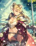  1girl blonde_hair breasts cape cleavage earrings expressionless flower fur_trim gauntlets green_eyes hat holding holding_weapon jewelry knight leotard looking_at_viewer luoxuan_jingjie_xian lvans navel pauldrons pointy_ears ponytail rose sheath sleeveless star sword thigh-highs translucent weapon white_rose 