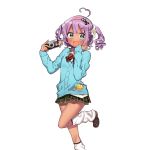  1girl ahoge aqua_eyes artist_request camera character_request dark_skin hand_on_own_chin heart heart-shaped_pupils holding leg_lift long_hair long_sleeves official_art open_mouth plaid plaid_skirt pleated_skirt purple_hair skirt solo symbol-shaped_pupils transparent_background two_side_up uchi_no_hime-sama_ga_ichiban_kawaii 