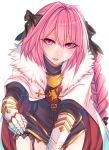  1boy blush bow braid cape fang fate/apocrypha fate_(series) fur_trim garter_straps gauntlets hair_bow lace male_focus open_mouth otoko_no_ko pink_hair rider_of_black shisei_(kyuushoku_banchou) single_braid skirt smile violet_eyes 