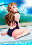  1girl ass barefoot blush brown_hair chain-link_fence eyebrows fence idolmaster idolmaster_cinderella_girls kamiya_nao long_hair looking_back one-piece_swimsuit open_mouth pool red_eyes sitting solo sparkle swimsuit wariza yasuhito 