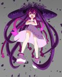  1girl :d crossed_arms drshellon emrakul_the_aeons_torn highres ikamusume long_hair looking_at_viewer magic:_the_gathering open_mouth personification purple_hair shinryaku!_ikamusume shoes smile solo squid_girl tentacle_hair violet_eyes white_shoes 