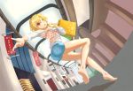  1girl bag bare_legs barefoot bentoutou blonde_hair braid charlotte_(shironeko_project) denim denim_shorts fang green_eyes heterochromia highres mall red_eyes shadow shironeko_project shopping_bag short_hair shorts smile solo 