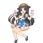  1girl animal_ears artist_request black_hair blue_eyes bottle character_request child cleavage_cutout copyright_request cow_ears dress flat_chest full_body holding kusaka_souji layered_skirt long_hair mary_janes milk open_mouth round_teeth shoes short_sleeves simple_background teeth uchi_no_hime-sama_ga_ichiban_kawaii white_background 