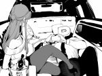  1boy 1girl alcohol bare_shoulders car car_interior champagne crossed_legs cup drinking_glass femdom ground_vehicle high_heels idolmaster idolmaster_cinderella_girls limousine long_hair lying monochrome motor_vehicle niku-name on_back p-head_producer pantyhose sitting taking_picture zaizen_tokiko 