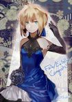  1girl ahoge bare_shoulders black_gloves blonde_hair blue_dress blue_ribbon bridal_veil congratulations copyright_name dress elbow_gloves fate/extella fate/extra fate_(series) flat_chest gloves green_eyes hair_ribbon lace lace-trimmed_gloves ribbon saber solo tthal veil 