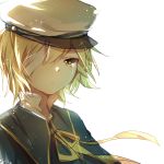  1boy bandage_over_one_eye bandages blonde_hair c-i crying crying_with_eyes_open eyebrows eyebrows_visible_through_hair hat male_focus oliver_(vocaloid) sailor_collar sailor_hat simple_background solo tears vocaloid white_background yellow_eyes 