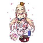  artist_request blonde_hair breasts character_request cherry_blossoms cleavage copyright_request crown cup glasses holding knees_together_feet_apart large_breasts long_hair magazine no_shoes open_mouth red-framed_eyewear ribbon-trimmed_legwear ribbon_trim semi-rimless_glasses simple_background thigh-highs tray uchi_no_hime-sama_ga_ichiban_kawaii very_long_hair white_background yellow_eyes 