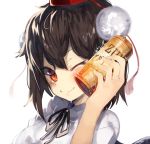  1girl ;) beer_can bei_mochi brown_hair hat looking_at_viewer one_eye_closed pom_pom_(clothes) portrait red_eyes ribbon shameimaru_aya shirt smile solo tokin_hat touhou white_background 