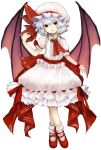  1girl ascot bat_wings blue_hair bobby_socks brooch center_frills commentary_request frills full_body hat hat_ribbon highres jewelry looking_at_viewer mob_cap red_eyes red_ribbon red_shoes remilia_scarlet ribbon ribbon-trimmed_skirt ribbon_trim shoes short_hair short_sleeves shoudoku_taishi_(taishi) simple_background skirt smile socks solo standing touhou white_background white_legwear white_skirt wings wrist_cuffs 