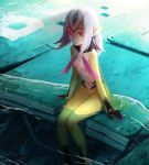  1girl blue_submarine_no_6 breasts highres long_hair monster_girl mutio nail_polish navel nude partially_submerged pink_nails pointy_ears q9q red_eyes silver_hair sitting small_breasts solo therianthrope water yellow_skin 