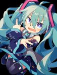  1girl amakoke aqua_eyes boots detached_sleeves double_v green_hair hatsune_miku headphones headset highres long_hair necktie skirt solo thigh-highs thigh_boots twintails v very_long_hair vocaloid 