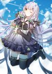 1girl absurdly_long_hair ahoge bangs bare_shoulders black_bow black_legwear blue_sky boots bow c-i character_request clouds collarbone dress elbow_gloves eyebrows eyebrows_visible_through_hair flower full_body gloves hair_bow hair_flower hair_ornament hair_ribbon highres holding long_hair looking_at_viewer petals ribbon silver_hair sky solo thigh-highs twintails very_long_hair yellow_eyes 