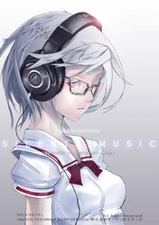  1girl audio-technica black-framed_eyewear breasts headphones highres keitel_von_birsk medium_breasts original red_eyes school_uniform serafuku short_hair silver_hair solo 