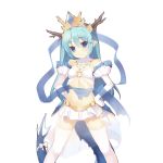  1girl :3 antlers artist_request ass_visible_through_thighs bare_shoulders blue_eyes blue_hair bow breasts character_request detached_collar dragon dragon_tail eastern_dragon elbow_gloves garter_straps gloves highres long_hair looking_at_viewer microskirt midriff navel nekomu o-ring_top official_art pleated_skirt pointy_ears simple_background skirt small_breasts solo tail tail_bow thigh-highs uchi_no_hime-sama_ga_ichiban_kawaii white_background white_gloves white_legwear wide_stance 