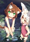  2girls animal_ears barefoot blush brown_hair casual_one-piece_swimsuit cat_ears crr_w9kd from_above green_eyes hands_on_hips looking_up multiple_girls one-piece_swimsuit open_mouth original rabbit_ears red_eyes short_hair silver_hair swimsuit tail wading water 
