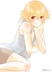  1boy :p absurdres blonde_hair blush child child_gilgamesh fate/grand_order fate_(series) gilgamesh highres male_focus red_eyes short_hair shorts sleeveless sleeveless_hoodie smile tongue tongue_out twitter_username younger 