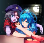  2girls beret black_hair blue_eyes blue_hair blush breast_rest breasts cake cleavage closed_eyes eating feeding floral_print food full_moon hair_ornament hair_rings hair_stick hat highres jiangshi kaku_seiga koissa large_breasts light_particles looking_at_another miyako_yoshika mole mole_under_eye moon mooncake multiple_girls night ofuda open_mouth outstretched_arms pale_skin pastry_box puffy_short_sleeves puffy_sleeves sharp_teeth short_hair short_sleeves smile star teeth touhou upper_body zombie_pose 