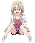  1girl bangs bare_legs barefoot blonde_hair blue_eyes blush commentary_request fang girls_und_panzer highres hiroyuki hood hoodie katyusha long_sleeves looking_at_viewer open_clothes open_hoodie open_mouth short_hair shorts sitting smile soles solo toes 