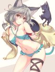  &gt;_&lt; 1girl :3 animal animal_ears aqua_bikini bikini black_cat blush bow breasts brown_eyes cat cat_ears closed_eyes closed_mouth collarbone erun_(granblue_fantasy) frilled_bikini frills furumiya_haiji granblue_fantasy grey_hair hair_between_eyes hair_bow head_tilt jacket long_hair long_sleeves looking_at_viewer low-tied_long_hair medium_breasts navel open_clothes open_jacket paws sen_(granblue_fantasy) short_hair silver_hair simple_background small_breasts smile solo swimsuit thigh_strap under_boob whiskers white_background yellow_bow yellow_jacket 
