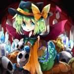  1girl :o all_fours alternate_headwear black_hat black_shoes blue_eyes blue_fire bow candle demon_tail demon_wings deviruchi_hat embellished_costume fire floral_print frilled_shirt_collar frilled_sleeves frills green_hair green_skirt halloween hat hat_bow komeiji_koishi long_sleeves looking_at_viewer nikorashi-ka orange_shirt pumpkin shirt shoes short_hair skirt skull sleeves_past_wrists solo tail touhou wide_sleeves wings yellow_bow 
