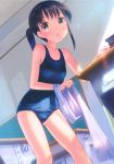  1girl :o absurdres bangs bare_arms bare_shoulders blue_swimsuit blush breasts brown_eyes brown_hair chalkboard classroom desk eyebrows eyebrows_visible_through_hair highres indoors long_hair one-piece_swimsuit open_mouth original scan school school_desk school_swimsuit small_breasts solo standing swimsuit takoyaki_(roast) twintails undressing 