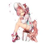  aqua_eyes artist_request bonnet character_request cherry_blossoms copyright_request full_body long_sleeves mary_janes pink_hair shoes sitting skull smile stool thigh_strap 
