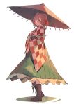 1girl bell boots checkered_clothing cross-laced_footwear glasses hair_bell hair_ornament hakama highres japanese_clothes kimono lace-up_boots meiji_schoolgirl_uniform motoori_kosuzu open_mouth oriental_umbrella pisoshi red_eyes redhead solo touhou two_side_up umbrella 
