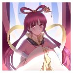  1girl dine&amp;rita eyebrows eyebrows_visible_through_hair hair_ornament hairpin hands_together long_hair looking_at_viewer magi_the_labyrinth_of_magic pink_eyes redhead ren_kougyoku smile solo upper_body 