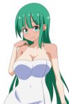  1girl breasts cato_(monocatienus) cleavage commentary covered_navel green_eyes green_hair kochiya_sanae large_breasts long_hair looking_at_viewer naked_towel open_mouth simple_background solo tan tanline touhou towel upper_body very_long_hair white_background 