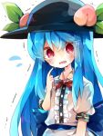  1girl blue_hair blush bow bowtie crying crying_with_eyes_open dress_shirt food fruit hat hinanawi_tenshi leaf long_hair looking_at_viewer nikorashi-ka parted_lips peach puffy_short_sleeves puffy_sleeves red_bow red_bowtie red_eyes shirt short_sleeves solo tears touhou trembling upper_body wavy_mouth white_shirt 