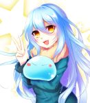  1girl blue_hair hatsuno_uin highres looking_at_viewer open_mouth rimuru slime solo star starry_background tensei_shitara_slime_datta_ken v yellow_eyes 
