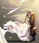  1boy 1girl artist_name blonde_hair boots bridal_veil bride closed_eyes couple dated dress english female_my_unit_(fire_emblem_if) fire_emblem fire_emblem_if flower from_side full_body hair_flower hair_ornament hetero incipient_kiss kero_sweet leon_(fire_emblem_if) long_hair my_unit_(fire_emblem_if) petals pointy_ears short_hair silver_hair veil wedding_dress white_dress wind 