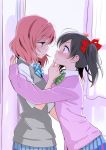  2girls bangs black_hair blush bow bowtie breasts cardigan commentary_request cowboy_shot curtains eye_contact from_side frown hair_bow half-closed_eyes hand_on_another&#039;s_chin incipient_kiss indoors long_sleeves looking_at_another love_live! love_live!_school_idol_project multiple_girls nervous nishikino_maki ooshima_tomo orange_eyes pink_hair plaid plaid_skirt pleated_skirt profile school_uniform shirt short_hair short_sleeves short_twintails skirt sleeves_past_wrists small_breasts striped sweatdrop sweater_vest twintails violet_eyes wall_slam wide-eyed window yazawa_nico yuri 