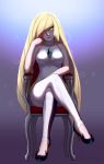  1girl armchair blonde_hair chair chin_rest cowboy_shot crossed_legs full_body hair_over_one_eye highres leggings licking_lips looking_at_viewer lusamine_(pokemon) pokemon pokemon_(game) pokemon_sm razalor sitting smile solo tongue tongue_out 