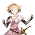  1girl ;) armor belt blonde_hair breasts brown_eyes buttons clenched_hands collarbone djeeta_(granblue_fantasy) dress gauntlets gloves granblue_fantasy hairband looking_at_viewer one_eye_closed puffy_short_sleeves puffy_sleeves sheath sheathed short_hair short_sleeves simple_background small_breasts smile sola_(solo0730) solo sword weapon white_background 