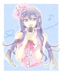  1girl blue_eyes blue_hair dangan_ronpa dangan_ronpa_1 hair_ornament hairclip hands_together holding_microphone long_hair looking_at_viewer low_twintails maizono_sayaka microphone music musical_note open_mouth ribbon singing smile star twintails wristband zawameki 