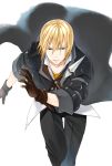  1boy blonde_hair blue_eyes eizen_(tales) gloves hair_between_eyes male_focus maodaisuke simple_background solo tales_of_(series) tales_of_berseria teeth white_background 