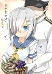  1boy 1girl admiral_(kantai_collection) blue_eyes blush breasts chestnut commentary_request faceless faceless_male food fruit gloves grapes grey_skirt hair_ornament hair_over_one_eye hairclip hamakaze_(kantai_collection) hat highres holding holding_plate kantai_collection large_breasts long_sleeves military military_uniform mushroom neckerchief open_mouth peaked_cap plate pleated_skirt ryuki_(ryukisukune) school_uniform serafuku shaded_face short_hair short_sleeves silver_hair skirt translation_request trembling uniform wavy_mouth white_gloves 
