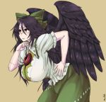  1girl black_hair blouse bow breasts curvy green_skirt hair_bow hand_on_hip hanemikakko huge_breasts leaning_forward long_hair puffy_short_sleeves puffy_sleeves red_eyes reiuji_utsuho short_sleeves skirt touhou white_blouse wings 