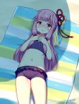  1girl artist_name bangs bikini bikini_shorts blueberry_(5959) blunt_bangs blush crying eyebrows eyebrows_visible_through_hair flat_chest frilled_bikini frills from_above groin hair_ornament hair_ribbon hands_on_own_chest highres kotonoha_akane long_hair looking_at_viewer lying navel on_back open_mouth pink_hair red_eyes ribbon sand shadow shorts solo striped_towel swimsuit tears towel vocaloid voiceroid 